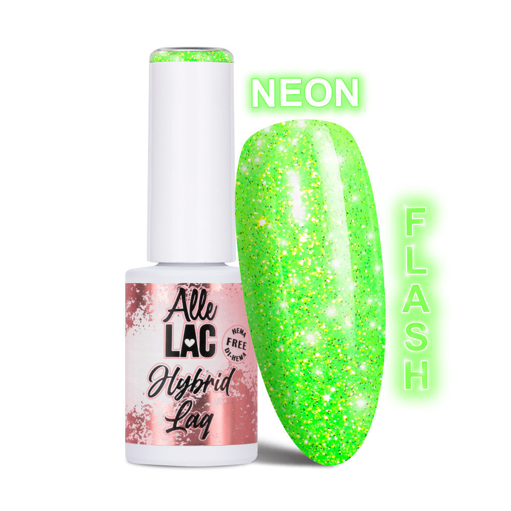 AlleLac Flash Glitter Green geelilakka 6g, neonvihreä pullo ja lakattu kärki