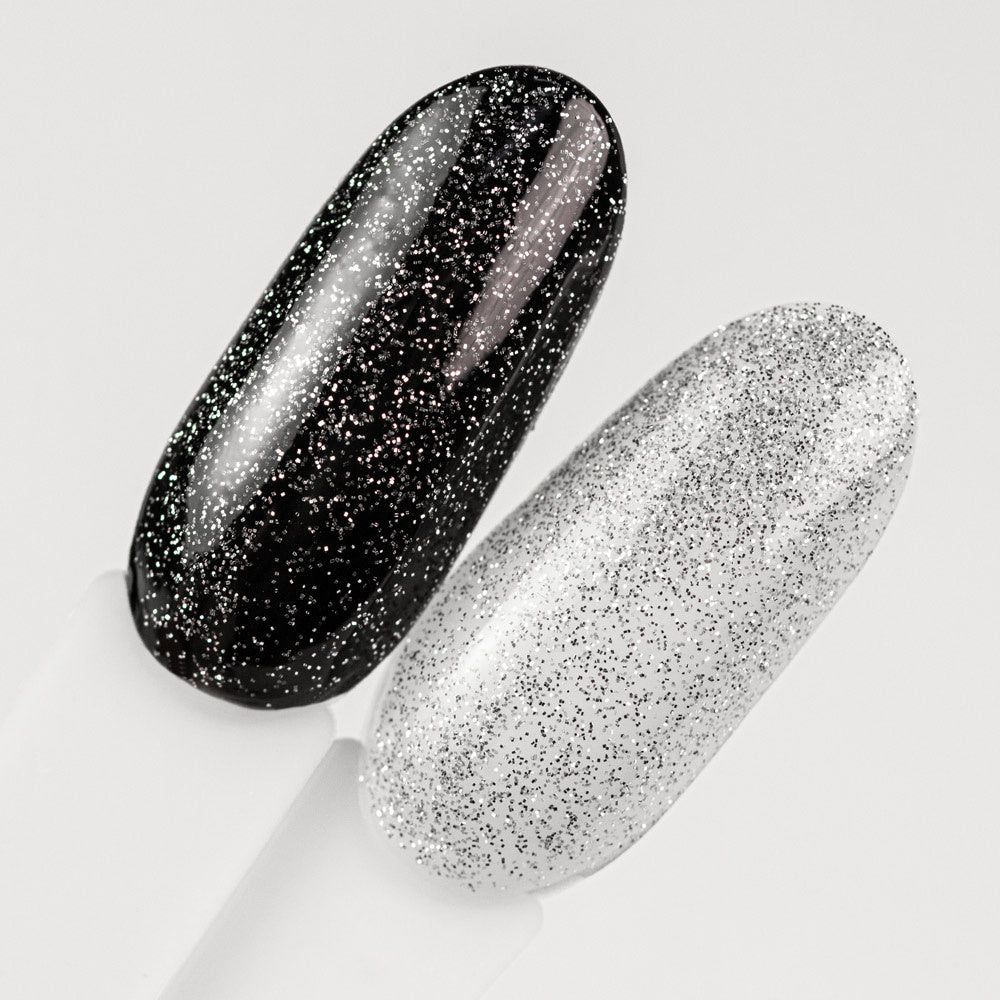 AlleLac Silver Glow hopeaglitter-päällysgeeli mustan ja valkoisen geelilakan päällä