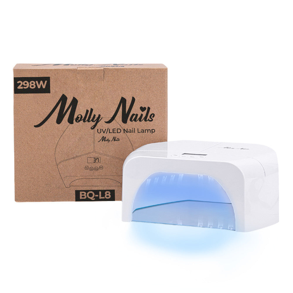 Molly Nails BQ-L8 298W kynsiuuni, ammattimainen LED/UV-laite geelien ja geelilakkojen kovetukseen kuva pakkauksesta ja kynsiuunista