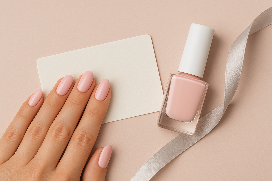 Lähikuva kauniisti lakatuista vaaleanpunaisista kynsistä, tyhjä lahjakorttikortti ja vaaleanpunainen geelilakkapullo pehmeän nude-taustan päällä