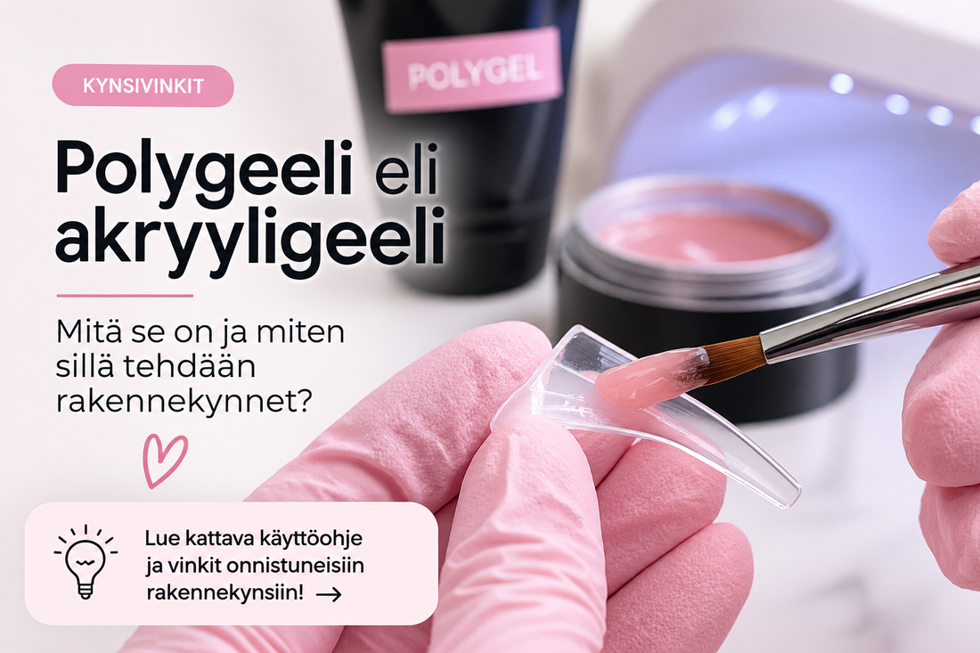 Polygeeli eli akryyligeeli – vaaleanpunaisen polygeelin muotoilu siveltimellä Dual Form -kynsimuottiin rakennekynsiä varten.