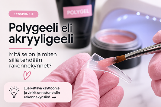 Polygeeli eli akryyligeeli – vaaleanpunaisen polygeelin muotoilu siveltimellä Dual Form -kynsimuottiin rakennekynsiä varten.