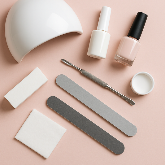 Geelilakan poisto vaiheittain – kynsiviila 100/180, buffer 240/240, remover-laput ja työntötyökalu pöydällä.