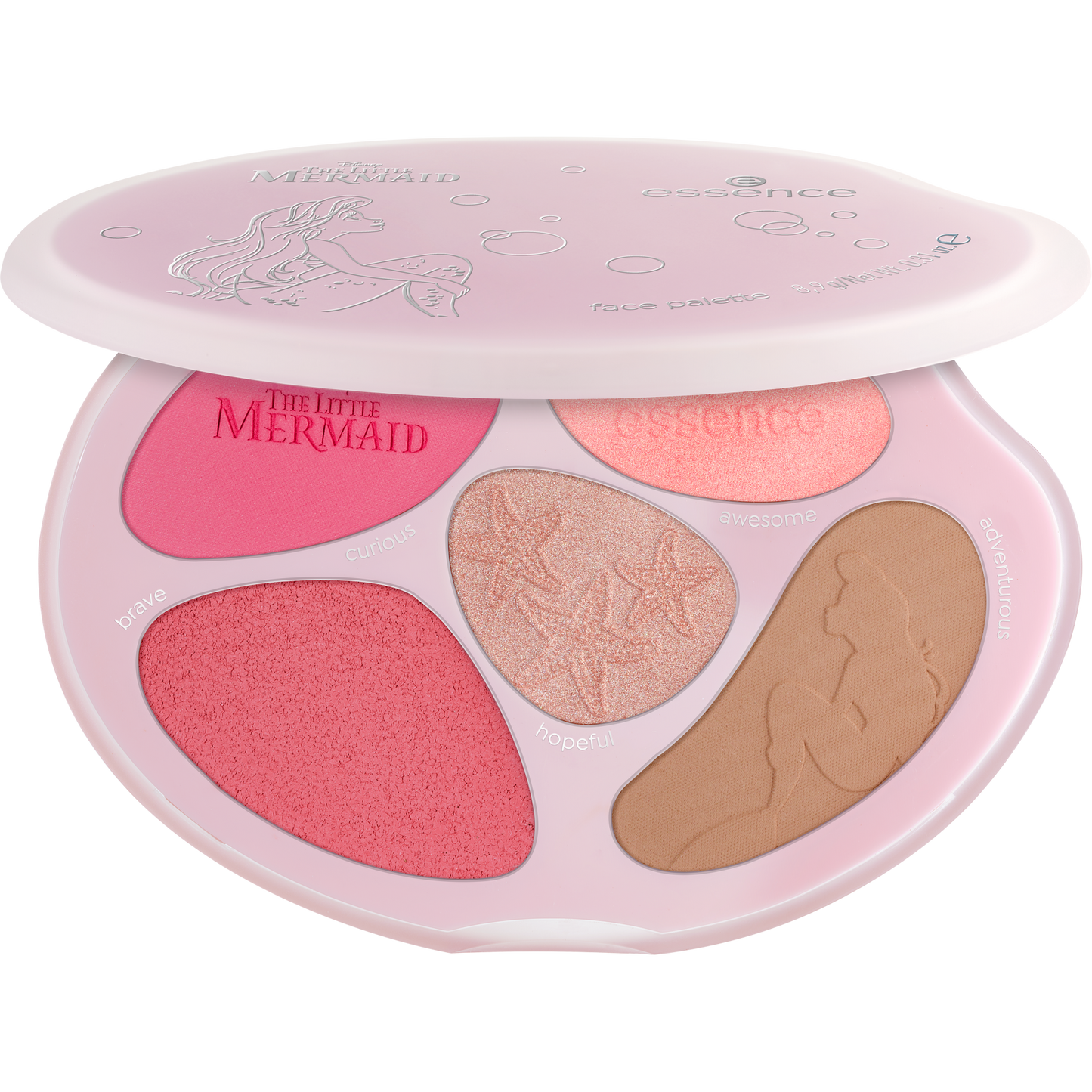 essence Disney THE LITTLE MERMAID face palette kasvopaletti - The World Is My Oyster puoliksi auki