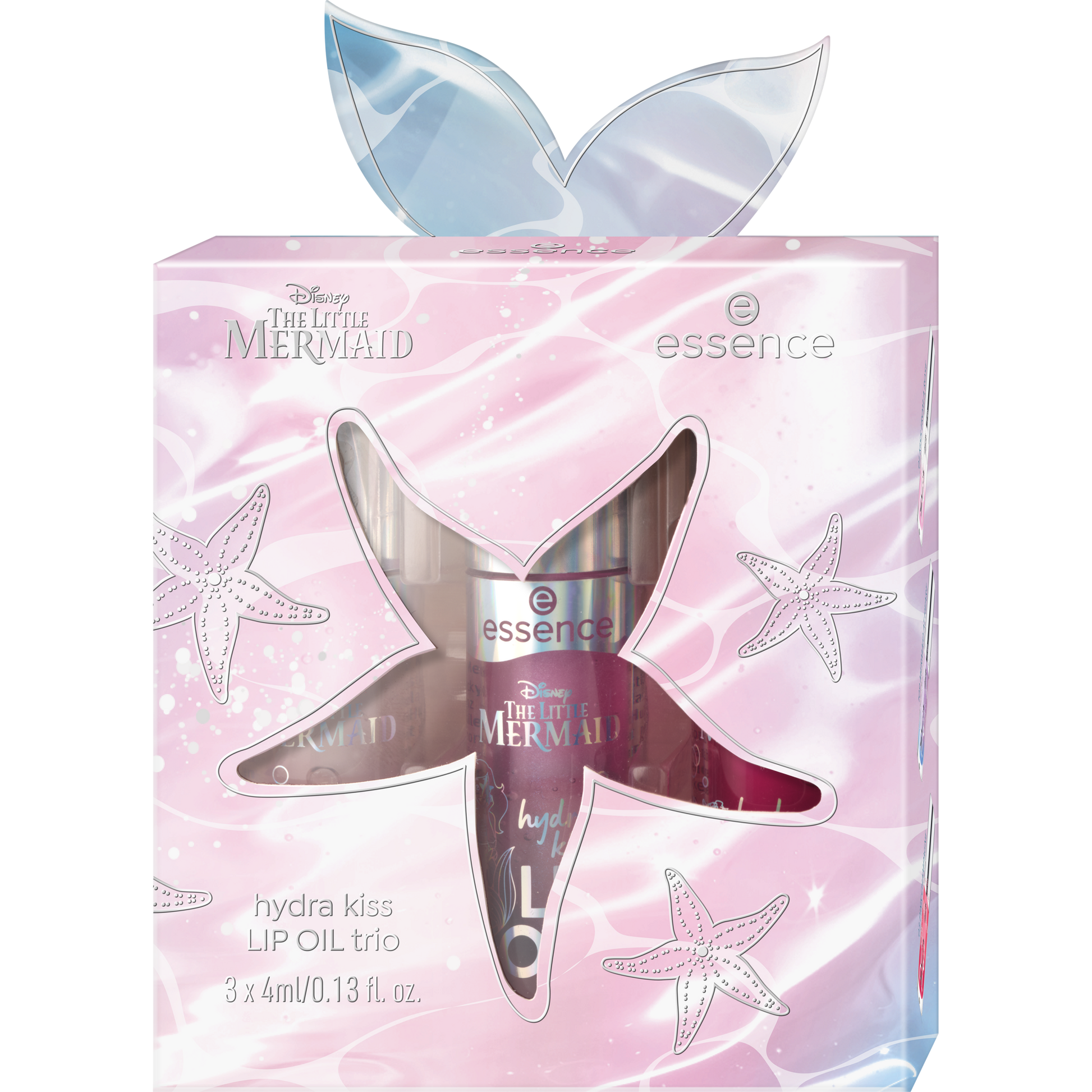 essence Disney THE LITTLE MERMAID hydra kiss LIP OIL trio huuliöljysetti pakkauksessa