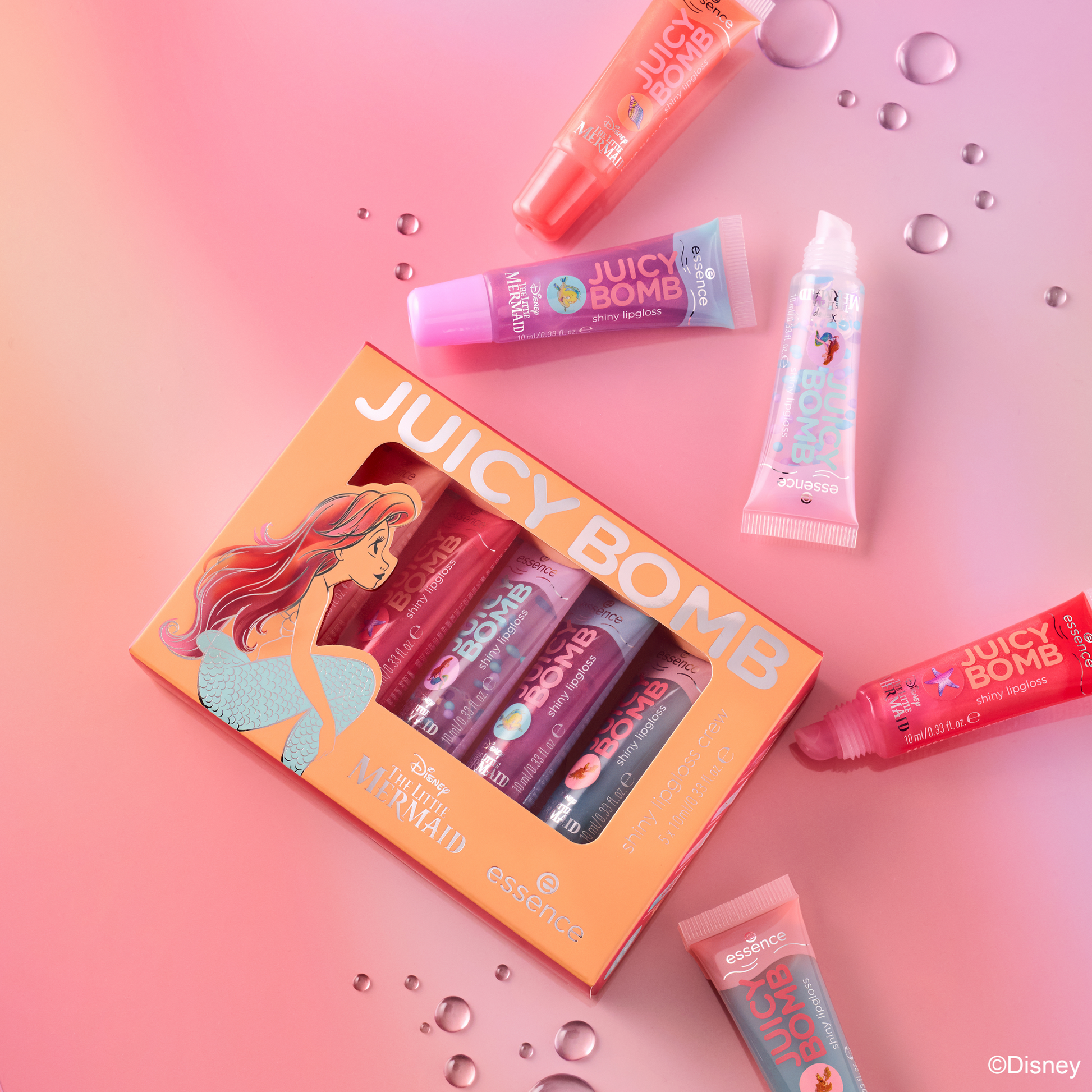 essence Disney THE LITTLE MERMAID JUICY BOMB shiny lipgloss crew huulikiilto setti kuvituskuva