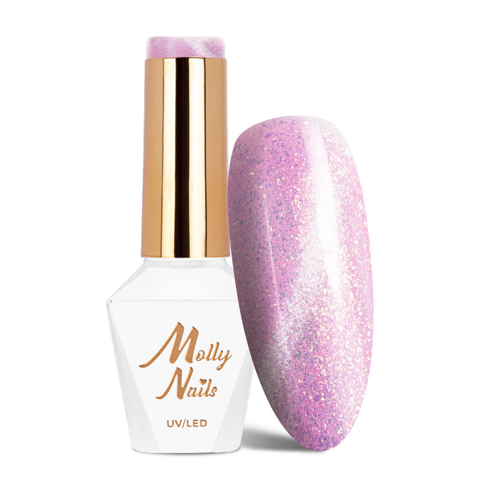 Molly Nails Cat Eye Pastel 182 Pinks geelilakka 8g, pastellipinkki pullo ja lakattu kärki