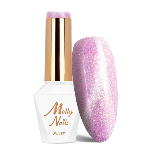 Molly Nails Cat Eye Pastel 182 Pinks geelilakka 8g, pastellipinkki pullo ja lakattu kärki