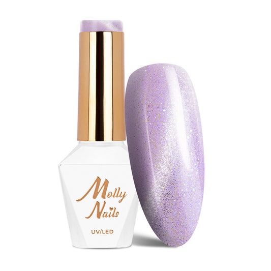Molly Nails Cat Eye Pastel 183 Purples geelilakka 8g, pastellivioletti pullo ja lakattu kärki