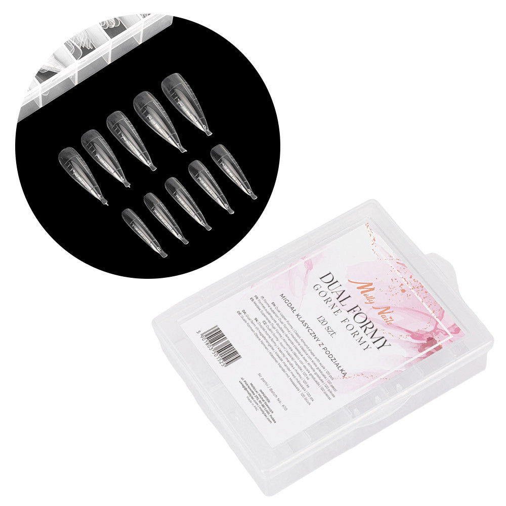 MollyNails Dual Forms Classic Almond 120 kpl kaksoismuotteja säilytyslaatikossa