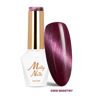 Molly Nails Cat Eye Seduction geelilakka 8g sävy 245 Velvet Mauve pullo – magneettinen cat eye värigeelilakka, mauve luumu-viininpunainen kimaltava sävy, ammattitasoinen geelilakka kovettuu kynsiuunissa