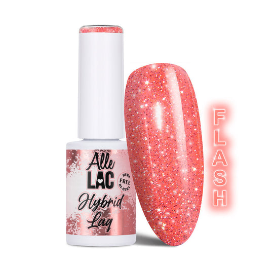 AlleLac Flash Glitter Light Orange geelilakka 6g, pullo ja lakattu kynsimalli