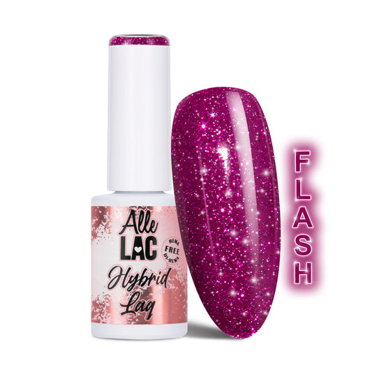 AlleLac Flash Glitter Purple geelilakka 6g, violetti pullo ja lakattu kärki