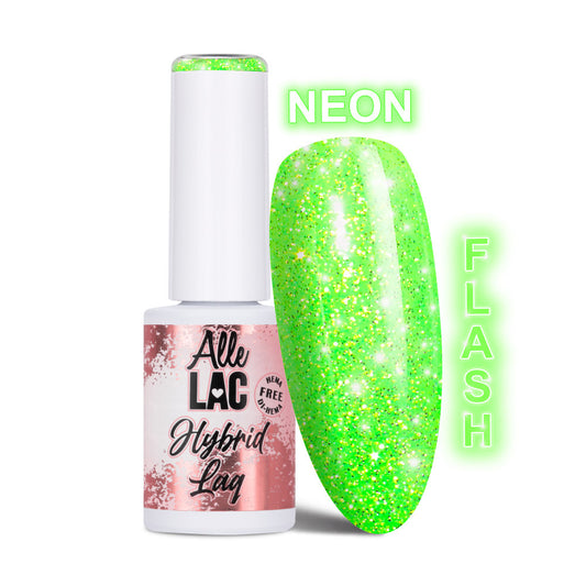 AlleLac Flash Glitter Green geelilakka 6g, neonvihreä pullo ja lakattu kärki