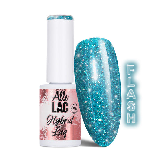 AlleLac Flash Glitter Blue geelilakka 6g, sininen pullo ja glitterlakattu kärki
