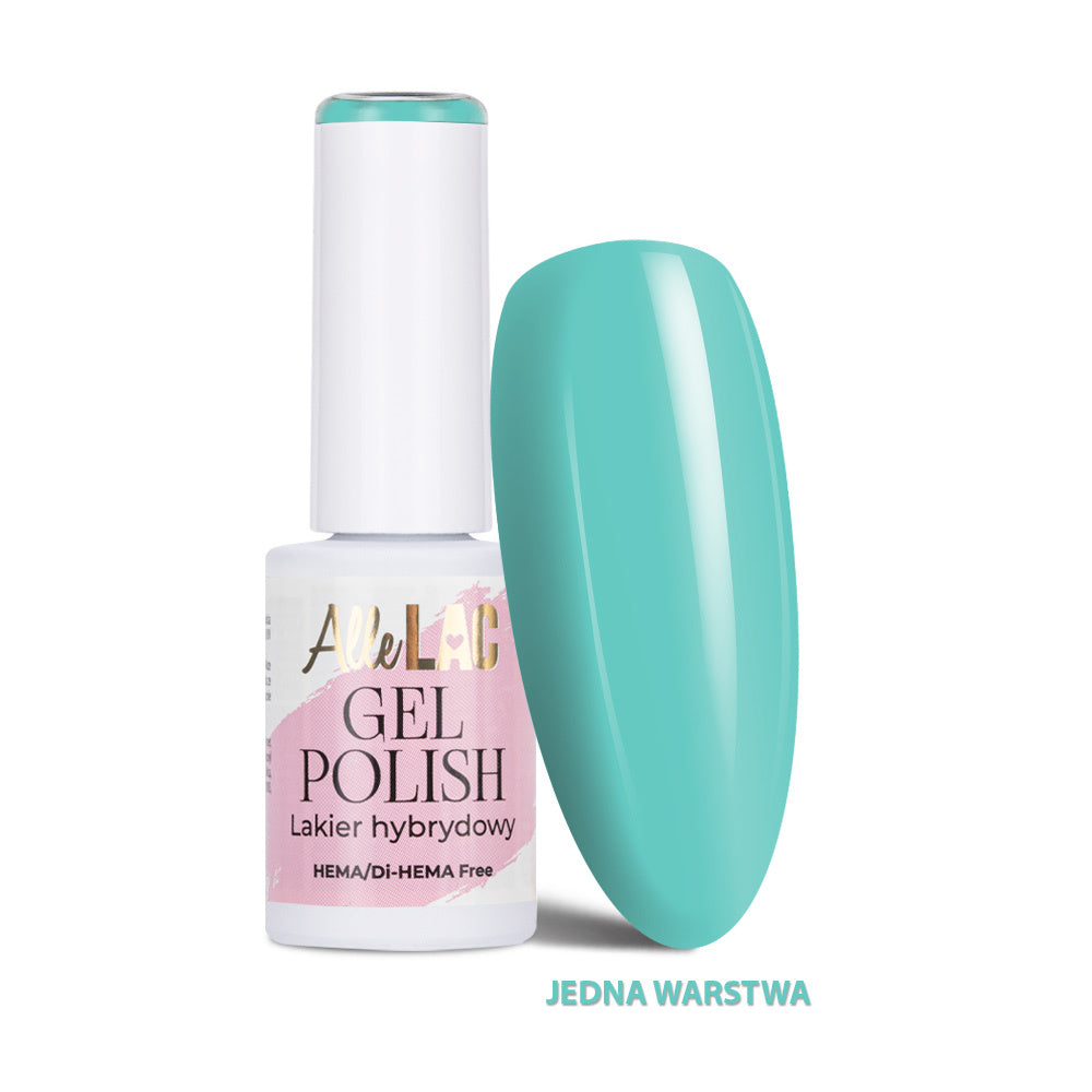 AlleLac Mint 6 g HEMA/Di-HEMA-vapaa mintunvihreä geelilakka pullossa ja kiiltävässä kynsimallissa.