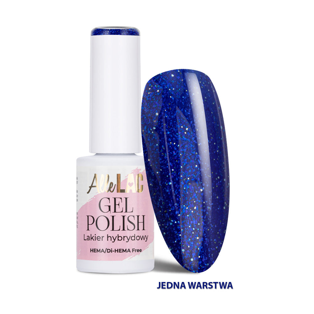 AlleLac BL6 Midnight Glitter 6 g HEMA/Di-HEMA-vapaa tummansininen glittergeelilakka ja kimaltava kynsimalli.