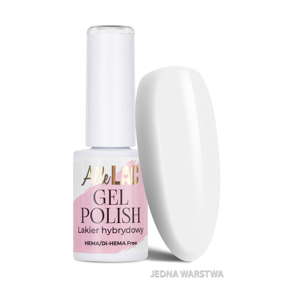AlleLac geelilakka 6 g W1 Snow White, HEMA/Di-HEMA-vapaa lumivalkoinen geelilakka ja kynsimalli.