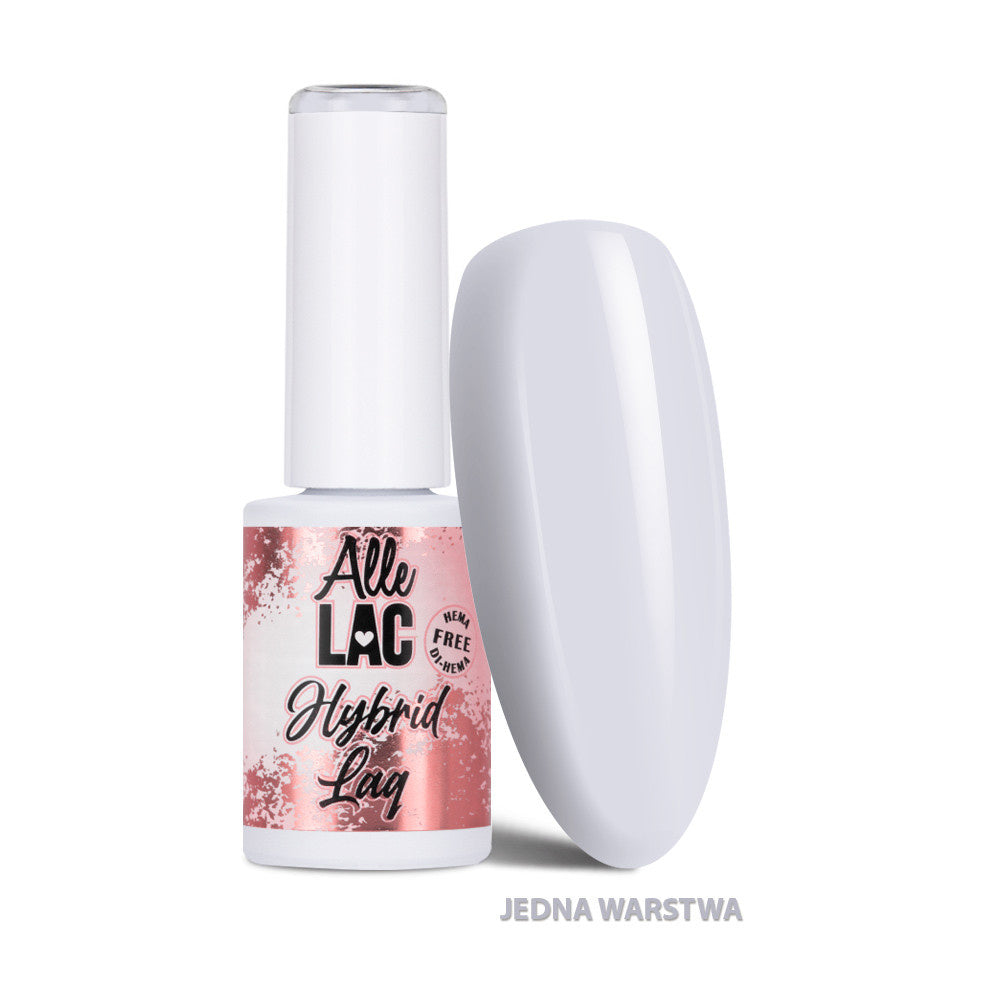 AlleLac geelilakka 6 g W2 Light Grey, HEMA/Di-HEMA-vapaa vaaleanharmaa geelilakka ja kynsimalli.