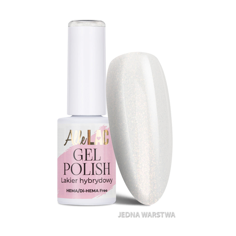 AlleLac geelilakka 6 g W3 Glitter Glow, HEMA/Di-HEMA-vapaa valkoinen glittergeelilakka ja kimaltava kynsimalli.