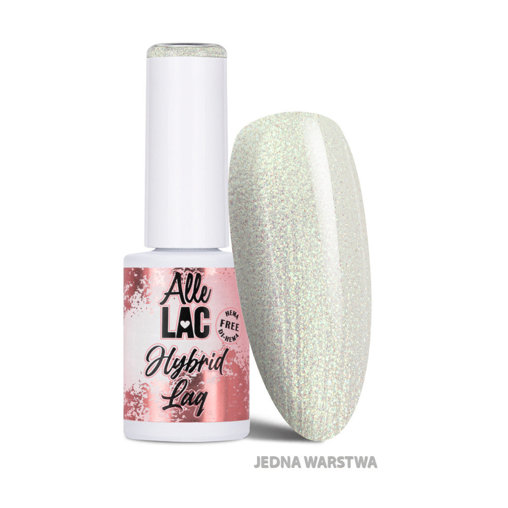 AlleLac geelilakka 6 g W4 Crystal Glitter, HEMA/Di-HEMA-vapaa vaalea hopeinen glittergeelilakka ja yhden kerroksen värimalli.