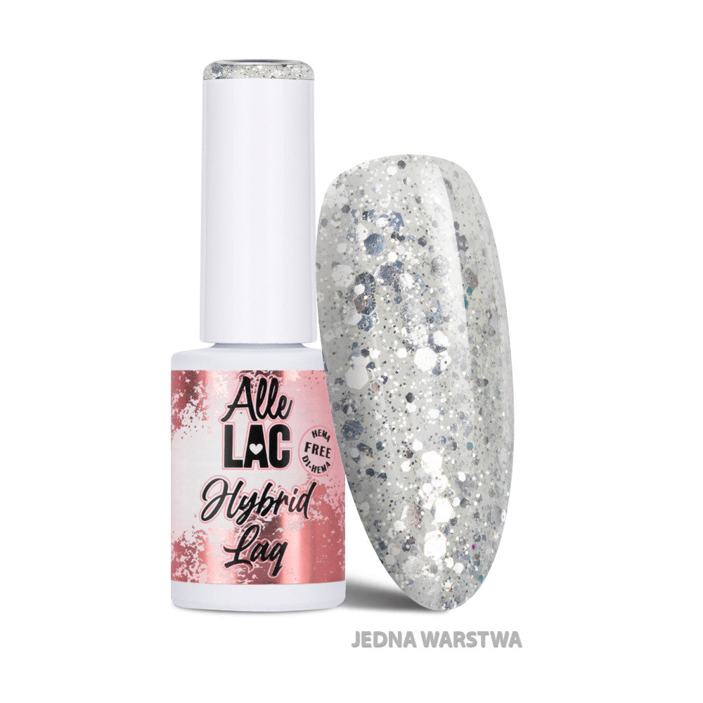 AlleLac geelilakka 6 g W4 Crystal Glitter, HEMA/Di-HEMA-vapaa vaalea hopeinen glittergeelilakka ja yhden kerroksen värimalli.