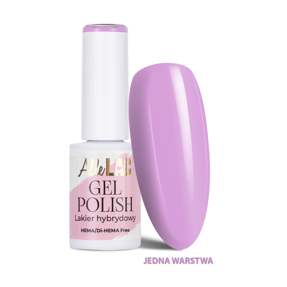 AlleLac geelilakka 6 g P1 Dreamy, HEMA/Di-HEMA-vapaa vaaleanpunaliila pastelligeelilakka ja yhden kerroksen värimalli.