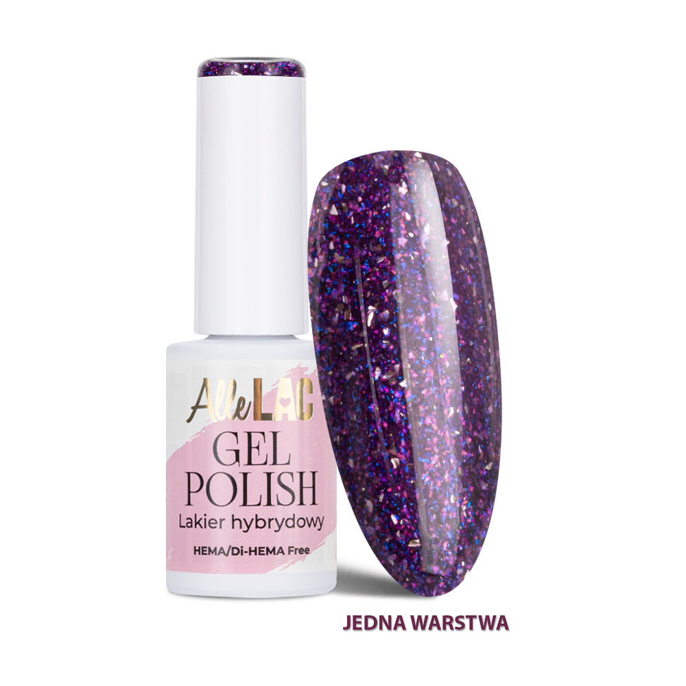AlleLac P6 Berry Glitter geelilakka 6 g, marjavioletti monivärinen glitterkynsi ja valkoinen AlleLac-geelilakkapullo.