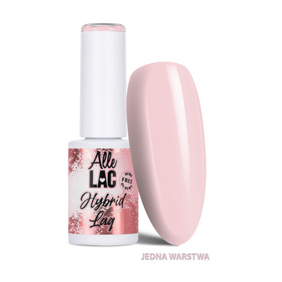 AlleLac N2 Pinkish Cream geelilakka 6 g, vaaleanpunainen kynsimalli ja valkoinen AlleLac-geelilakkapullo.