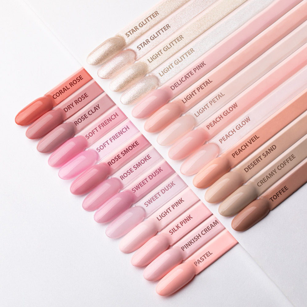 AlleLac geelilakkojen roosa- ja nude-sävyvalikoima, mukana N8 Rose Clay murrettu roosabeige geelilakka.
