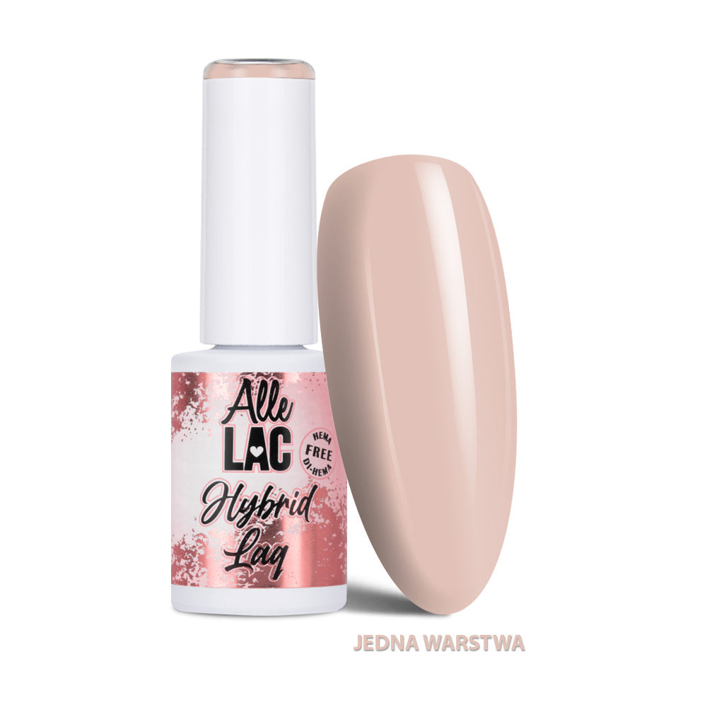 AlleLac N12 Creamy Toffee 6 g geelilakkapullo ja vaaleanbeige kynsimalli, HEMA- ja Di-HEMA-vapaa.