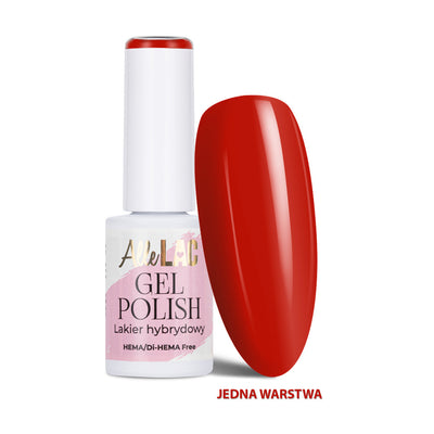 AlleLac R3 Radiant Red geelilakka 6 g, HEMA- ja Di-HEMA-vapaa punainen geelilakka pullossa ja kynsimallissa.