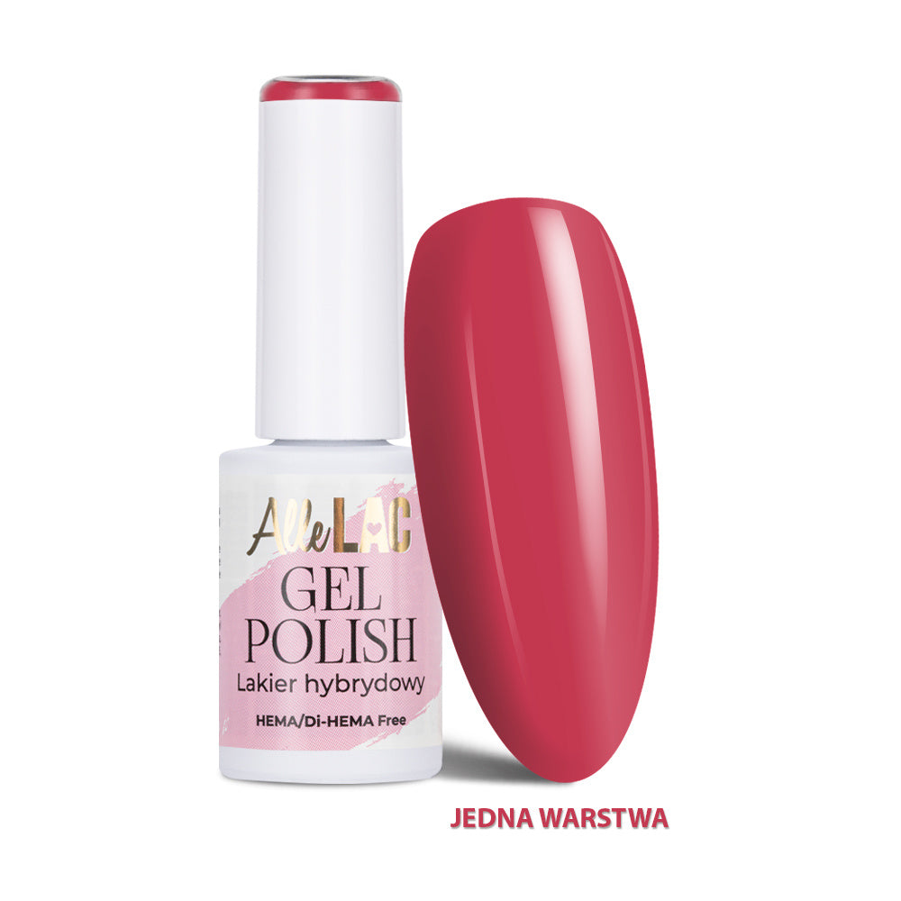 AlleLac R4 Fire Red geelilakka 6 g, HEMA- ja Di-HEMA-vapaa murrettu punainen geelilakka pullossa ja kynsimallissa.