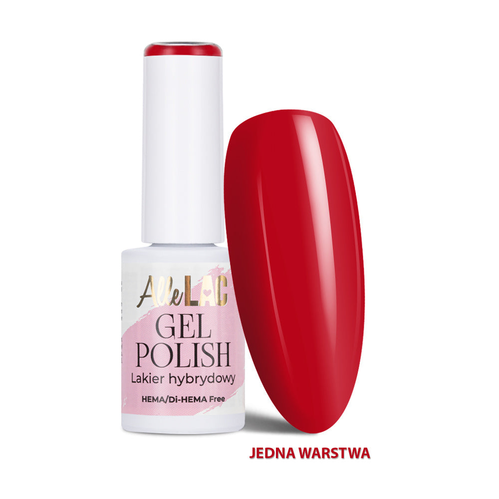 AlleLac R5 Ruby Flame geelilakka 6 g, HEMA- ja Di-HEMA-vapaa rubiininpunainen geelilakka pullossa ja kynsimallissa.