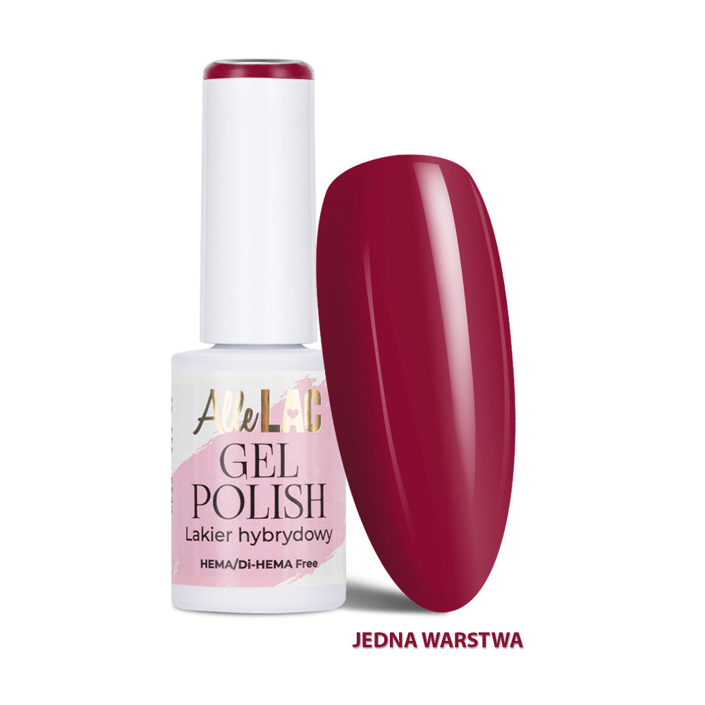 AlleLac R9 Burgundy Rose geelilakka 6 g, HEMA- ja Di-HEMA-vapaa viininpunainen geelilakka pullossa ja kynsimallissa.