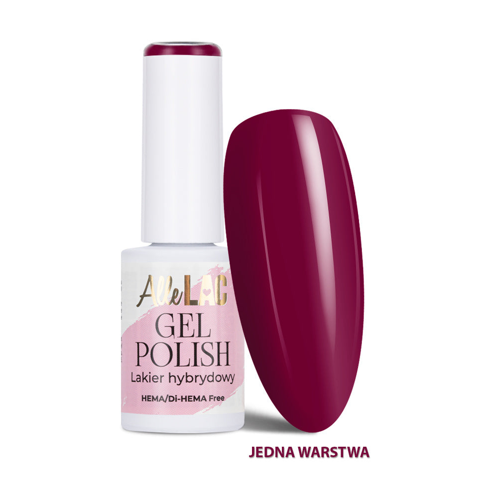 AlleLac R11 Burgundy Rose 6 g HEMA- ja Di-HEMA-vapaa tumma viininpunainen geelilakka pullossa ja kynsimallissa.
