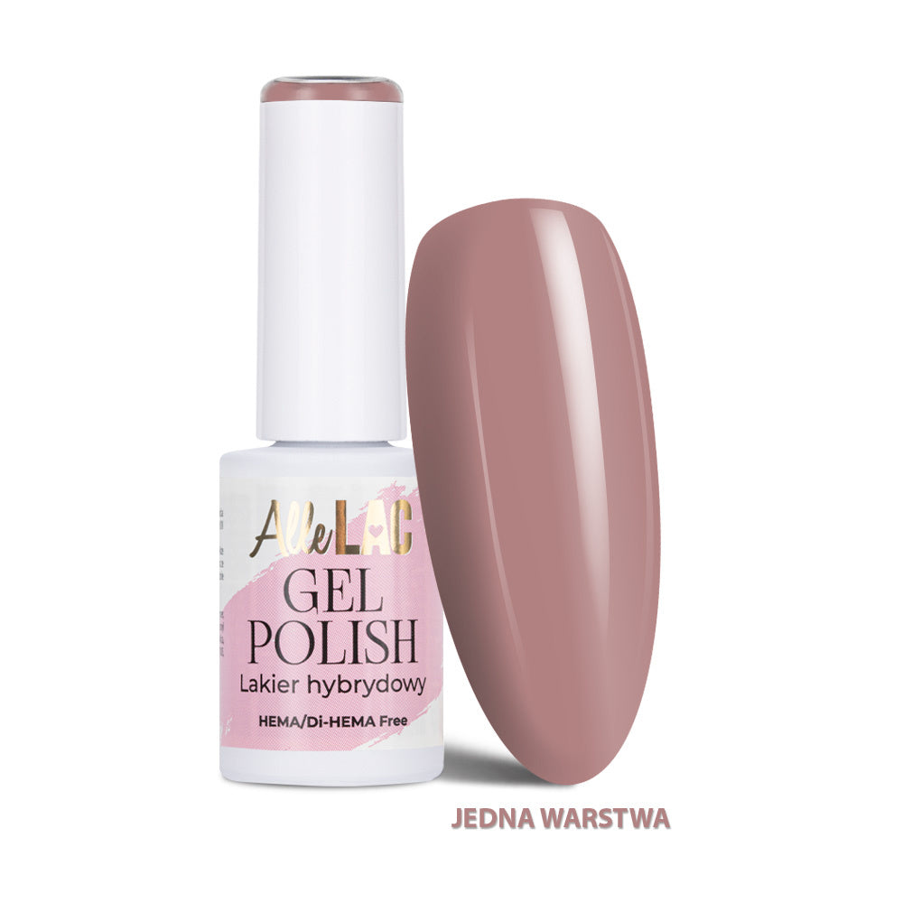 AlleLac B2 Rosie 6 g HEMA- ja Di-HEMA-vapaa dusty rose -geelilakka pullossa ja kynsimallissa.
