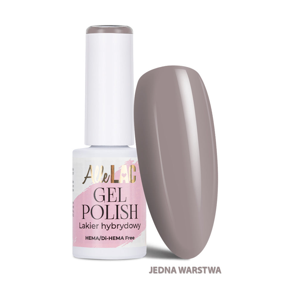 AlleLac B4 Taupe 6 g HEMA- ja Di-HEMA-vapaa harmaanruskea geelilakka pullossa ja kynsimallissa.
