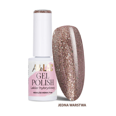 AlleLac B5 Rose Glitter 6 g HEMA- ja Di-HEMA-vapaa ruusukultainen glittergeelilakka pullossa ja kimaltavassa kynsimallissa.