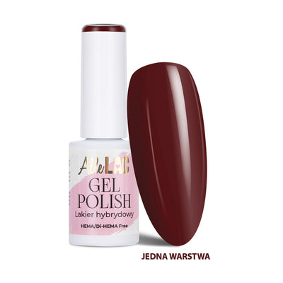 AlleLac B7 Deep Redwood 6 g HEMA- ja Di-HEMA-vapaa tummanpunaruskea geelilakka pullossa ja kiiltävässä kynsimallissa.