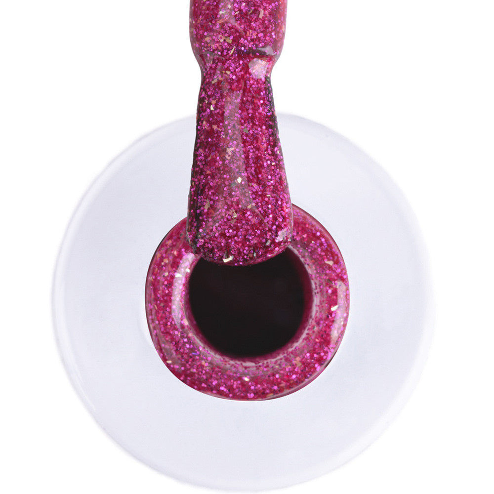 AlleLac PI14 Fuchsia Glitter – kirkkaanpinkki glittergeelilakka, jossa hienoa kimallusta ja suurempia heijastavia koristehiukkasia