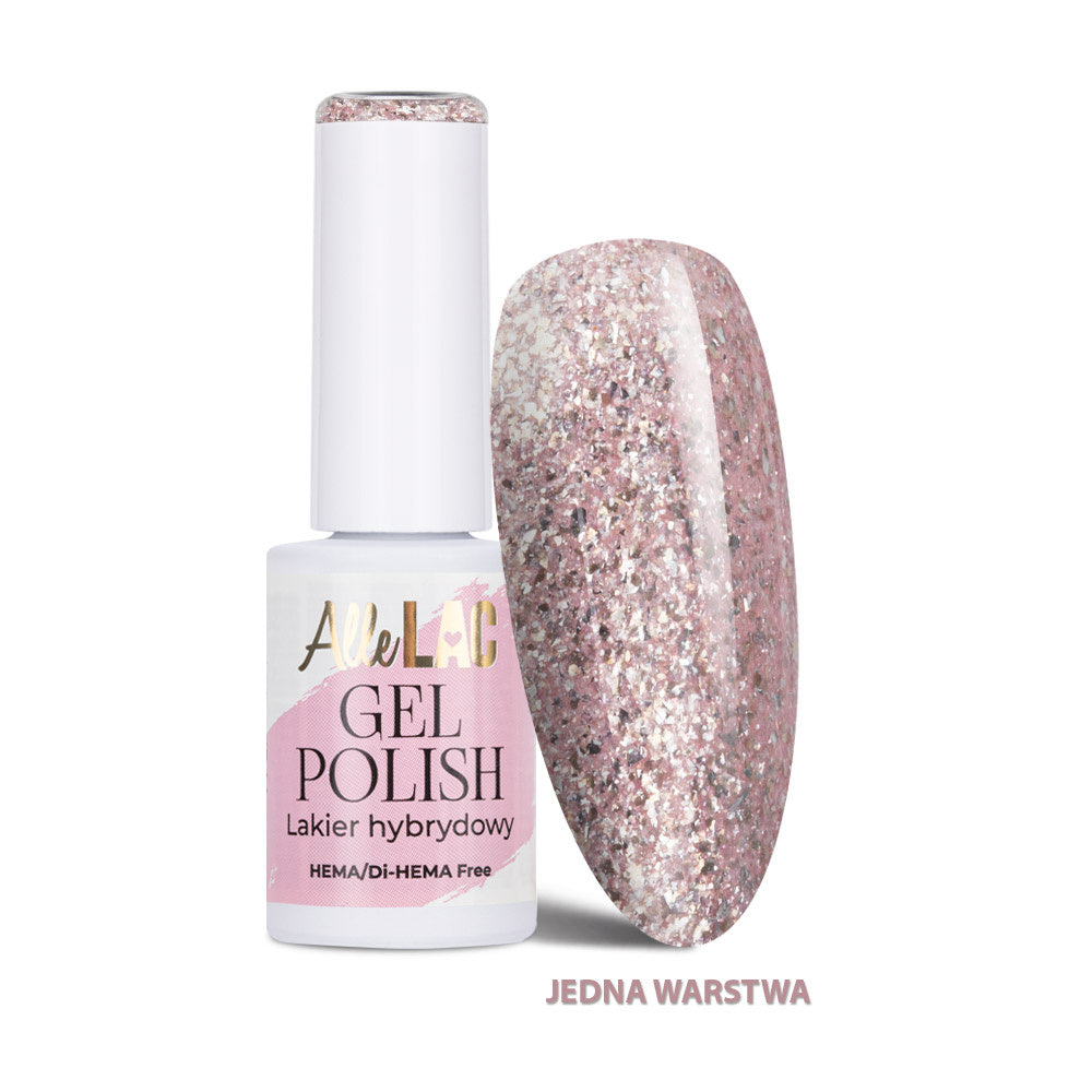 AlleLac PI16 Fairy Glitter 6 g – vaaleanpunainen glittergeelilakka ja kynsimalli, jossa on suuria hopeisia ja irisoivia glitterhiutaleita