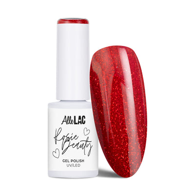 AlleLac Rosie Beauty Flame 6 g punainen glittergeelilakka pullossa ja kiiltävässä kynsimallissa.