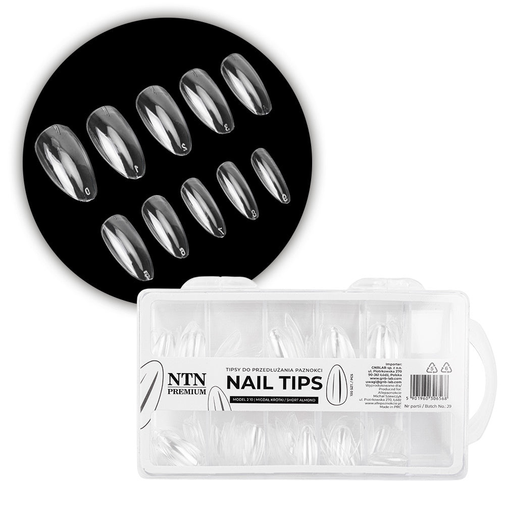NTN Premium kynsitipit short almond 100 kpl kirkkaat tipit luonnollisiin mantelimuotoisiin kynsien pidennyksiin