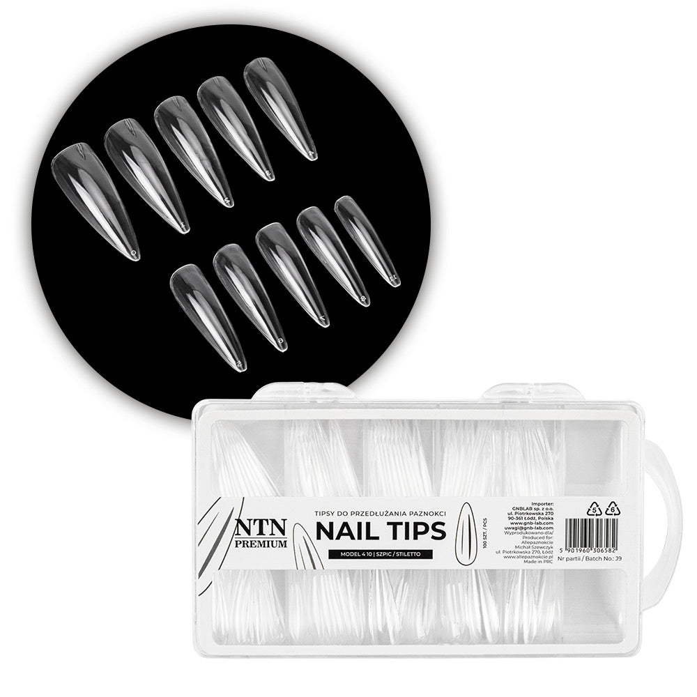 NTN Premium kynsitipit stiletto 100 kpl kirkkaat tipit teräväkärkisiin kynsien pidennyksiin