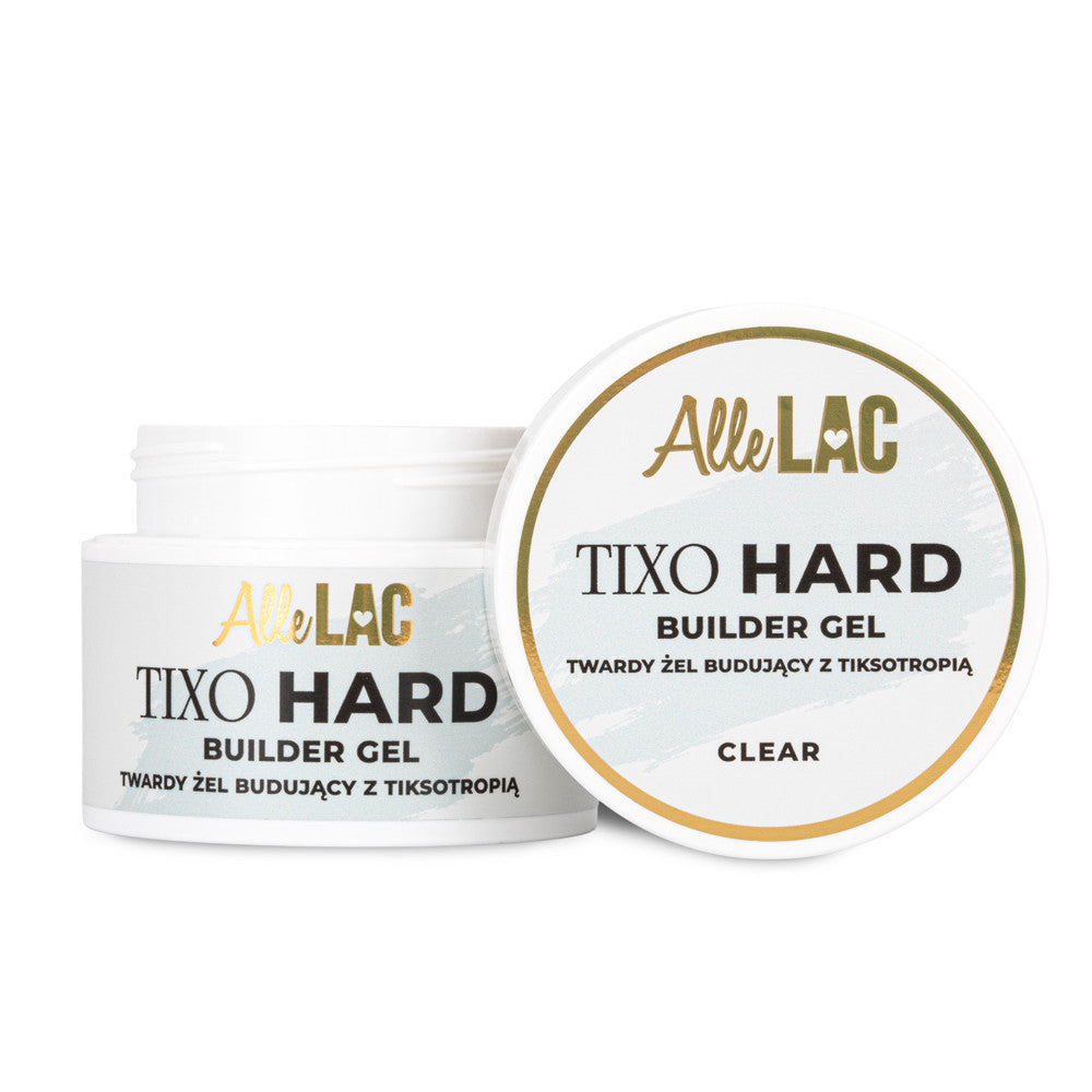 AlleLac Tixo Hard Builder Gel Clear 45g purkki valkoisella taustalla tekstillä