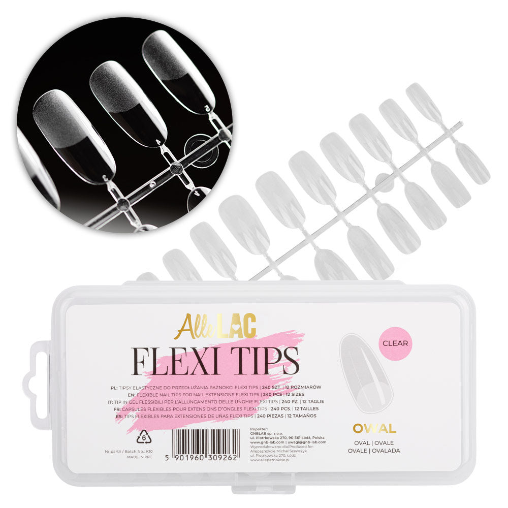 AlleLac Flexi Tips Oval Clear 240 kynsitippiä 12 koossa ja säilytysrasia