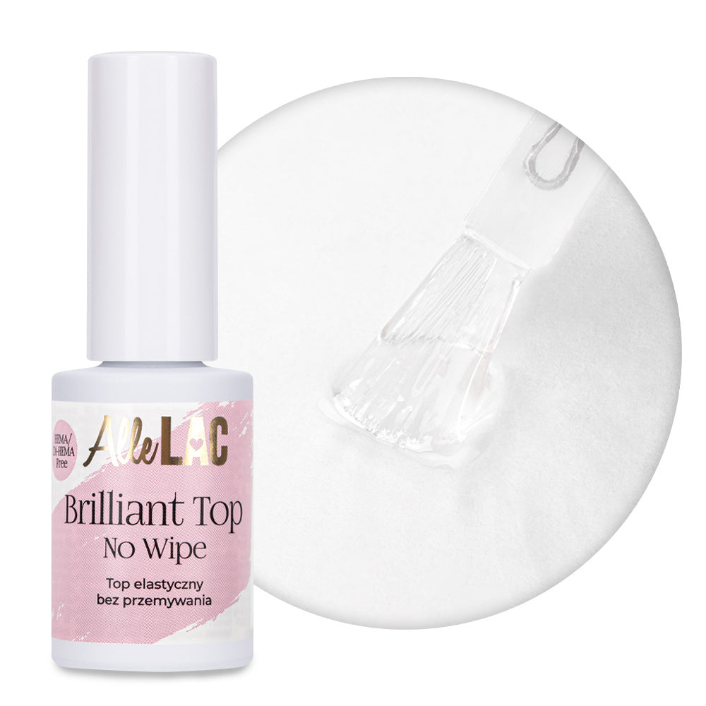 AlleLac Brilliant Top No Wipe 7 g HEMA- ja Di-HEMA-vapaa kiiltävä päällysgeeli valkoisessa pullossa.