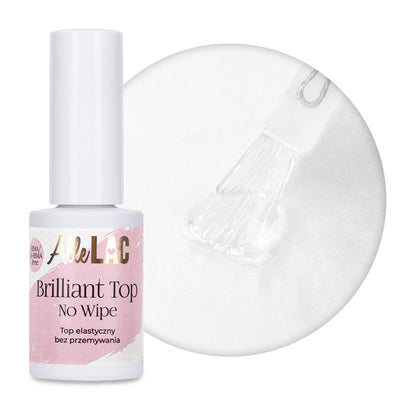 AlleLac Brilliant Top No Wipe 7 g HEMA- ja Di-HEMA-vapaa kiiltävä päällysgeeli valkoisessa pullossa.