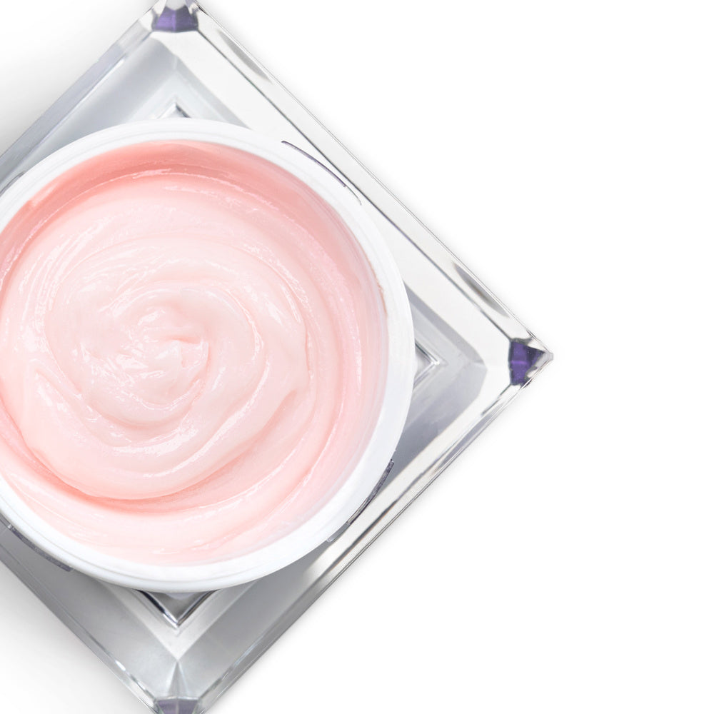 Acrylgel Milky Peach akryyligeeli 30 g – vaalean persikanroosa rakennemassa avoimessa purkissa